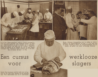 874373 Collage van 3 foto's betreffende de cursus voor werkloze slagers, gegeven in de Eerste Nederlandsche ...